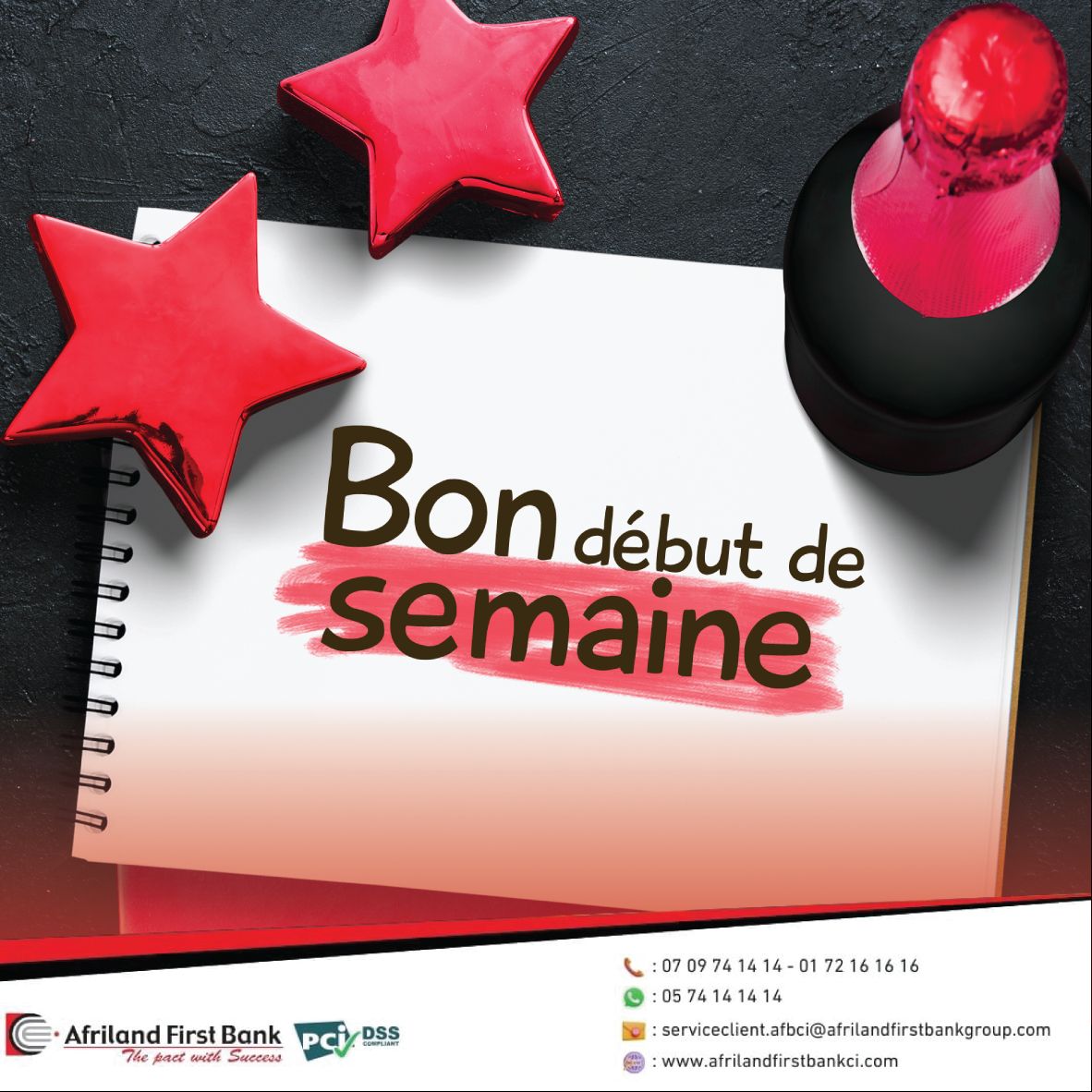 AFB_CI's tweet photo. 🎉 Bon début de semaine à tous ! 🎉
Décembre est là, parfait pour célébrer nos réussites et préparer l'avenir. 💫
Que cette semaine soit pleine de succès !
📍 Venez découvrir les offres Afriland First Bank CI dans l'agence la plus proche.
#DébutDeSemaine #Décembre #Succès #AFBCI https://t.co/cxhwdZ3653