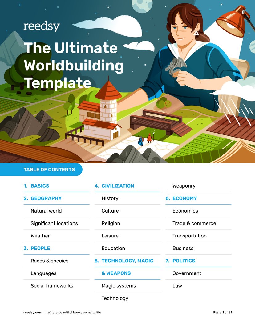 ReedsyHQ's tweet image. Cool template alert! Download Reedsy's free worldbuilding guide, your ultimate cheat sheet for creating a fictional world 🌎  

#amwritingfantasy #WritingCommunity 

blog.reedsy.com/worldbuilding-… via @ReedsyHQ