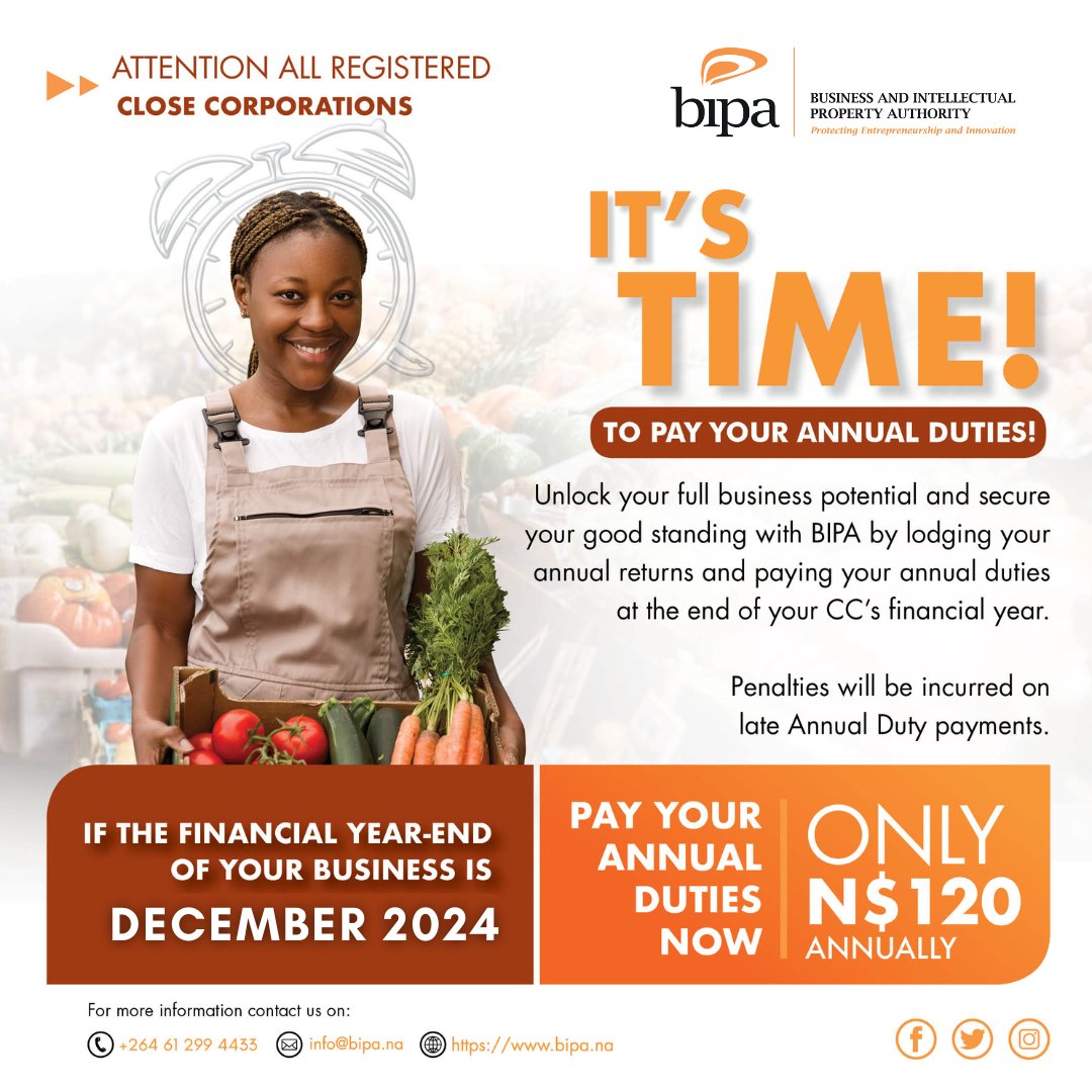 bipa_nam's tweet image. To All Close Corporations, if your financial year end is December 2024, be reminded that your annual duty fees are due.

It's Time, remember, Good Standing is always Good Business.

#goodstanding #annualduties #registrationobligations