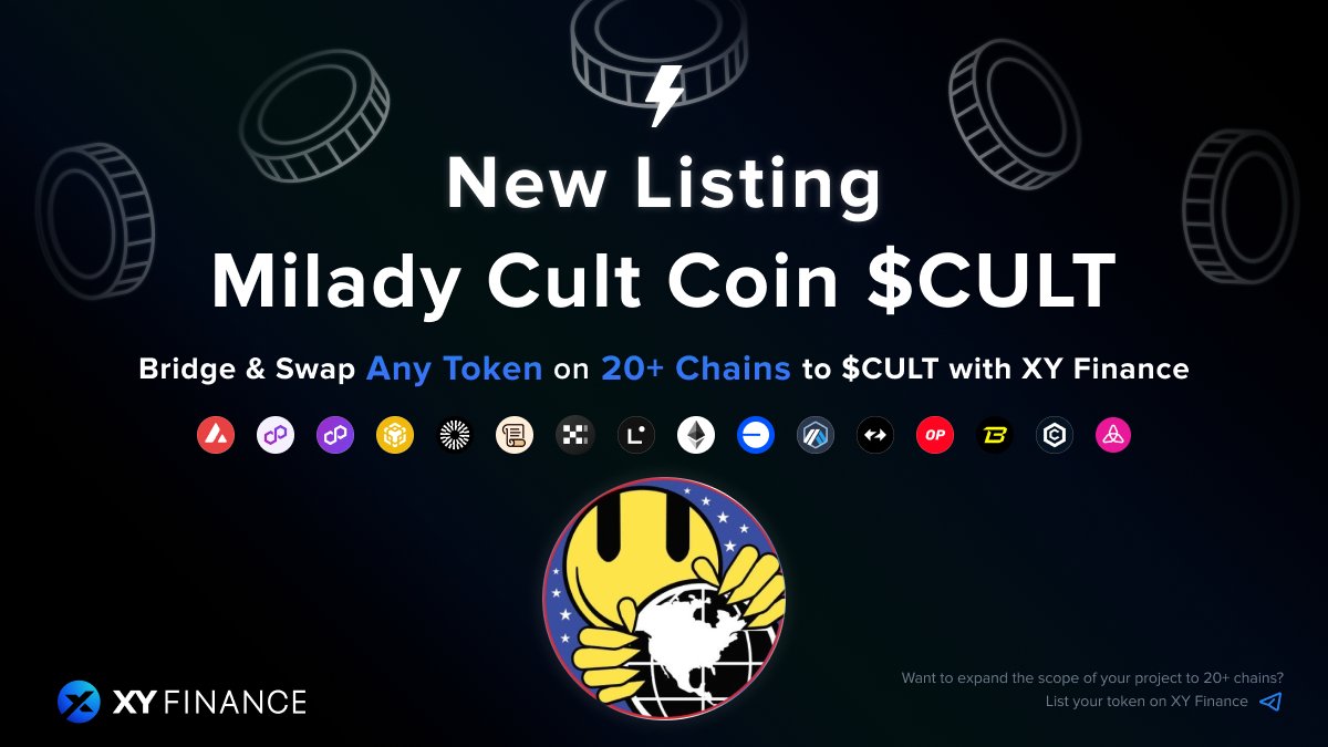 xyfinance's tweet photo. 🔥 @MiladyCult $CULT is now live on XY Finance!

🌎 Step into #Cheesworld, ruled by Miladys

🌉 Bridge &amp; swap any token across 20+ chains directly to $CULT on #Ethereum via XY Finance

👉 https://t.co/HV6ORME7mK https://t.co/YiV4L3Ba6S