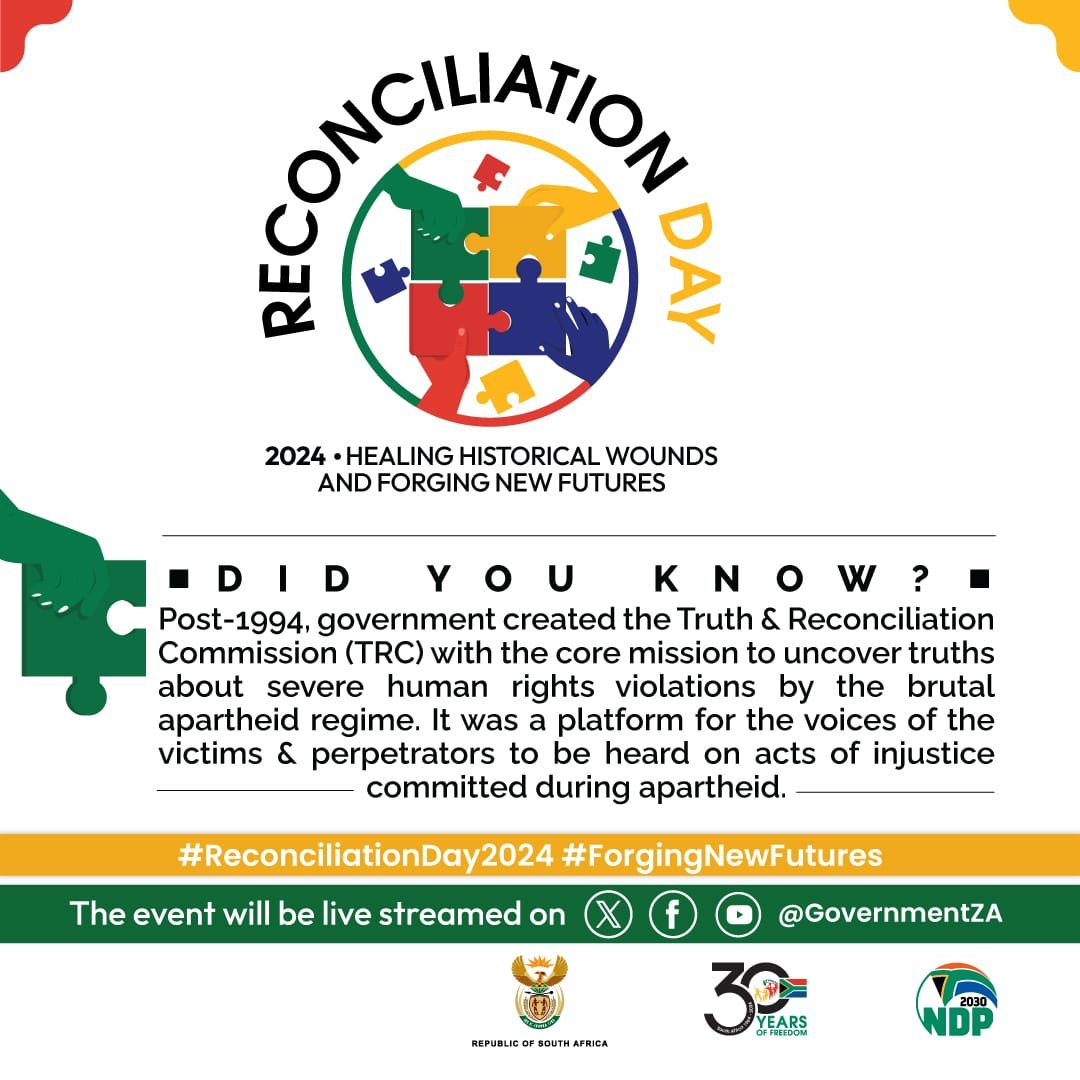 GovernmentZA's tweet image. [#GovZaUpdates] An occasion and a day to remember where we come from. Healing and forging new futures for the people of South Africa. A celebration of our unity and diversity.  #reconciliationday2024 #30YearsofFreedom