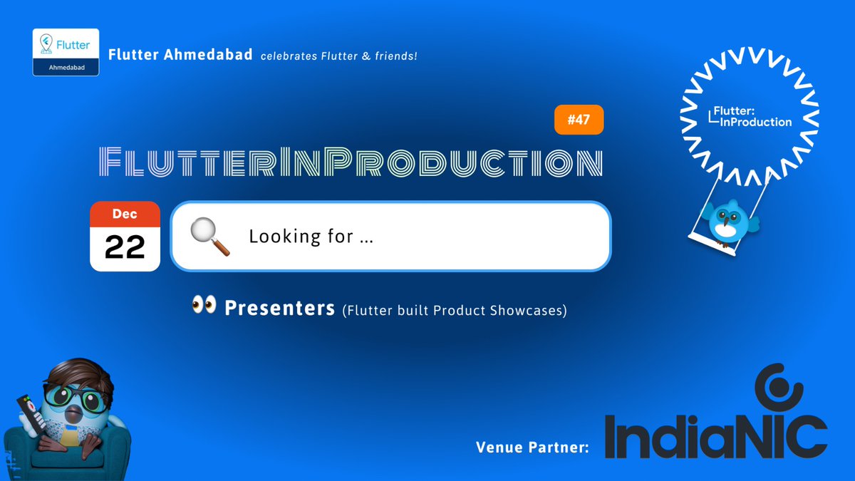 FlutterAHM's tweet image. This Sunday, we celebrate Flutter with friends at our next event, #FlutterInProduction Exdended, at IndiaNic Infotech.
We invite you to showcase Production-level Flutter apps built by you, your company or a client.
Fill up your proposal now: forms.gle/oedusjAdqNps18…