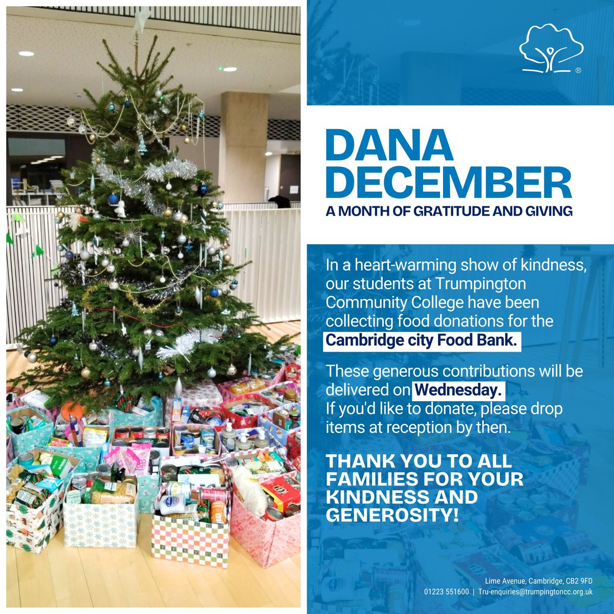 Trumpington Community College (@trumpingtoncc) on Twitter photo Over the past few weeks, students at Trumpington Community College have embraced Dana December, showing gratitude and giving through food donations for <a href="/foodbankcambs/">Cambridge City Foodbank</a>.
Final donations can be dropped at reception by Wednesday. Thank you for your generosity! โค๏ธ Over the past few weeks, students at Trumpington Community College have embraced Dana December, showing gratitude and giving through food donations for <a href="/foodbankcambs/">Cambridge City Foodbank</a>.
Final donations can be dropped at reception by Wednesday. Thank you for your generosity! โค๏ธ