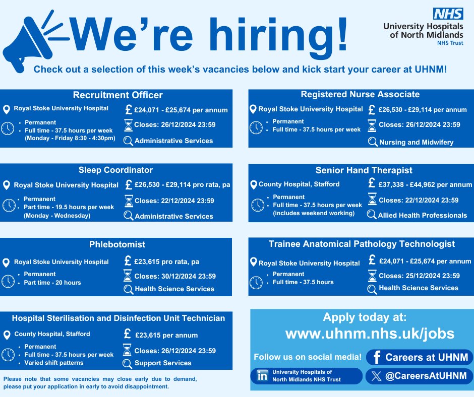 CareersAtUHNM's tweet photo. 📣Vacancy Bulletin!

This week's bulletin showcases vacancies from across all areas of UHNM including a Trainee Anatomical Pathology Technologist opportunity at both Royal Stoke and Leighton Hospital in Crewe.

Start your UHNM career today ➡ https://t.co/N4Hrzc0BdK https://t.co/CU6wOnfw7R