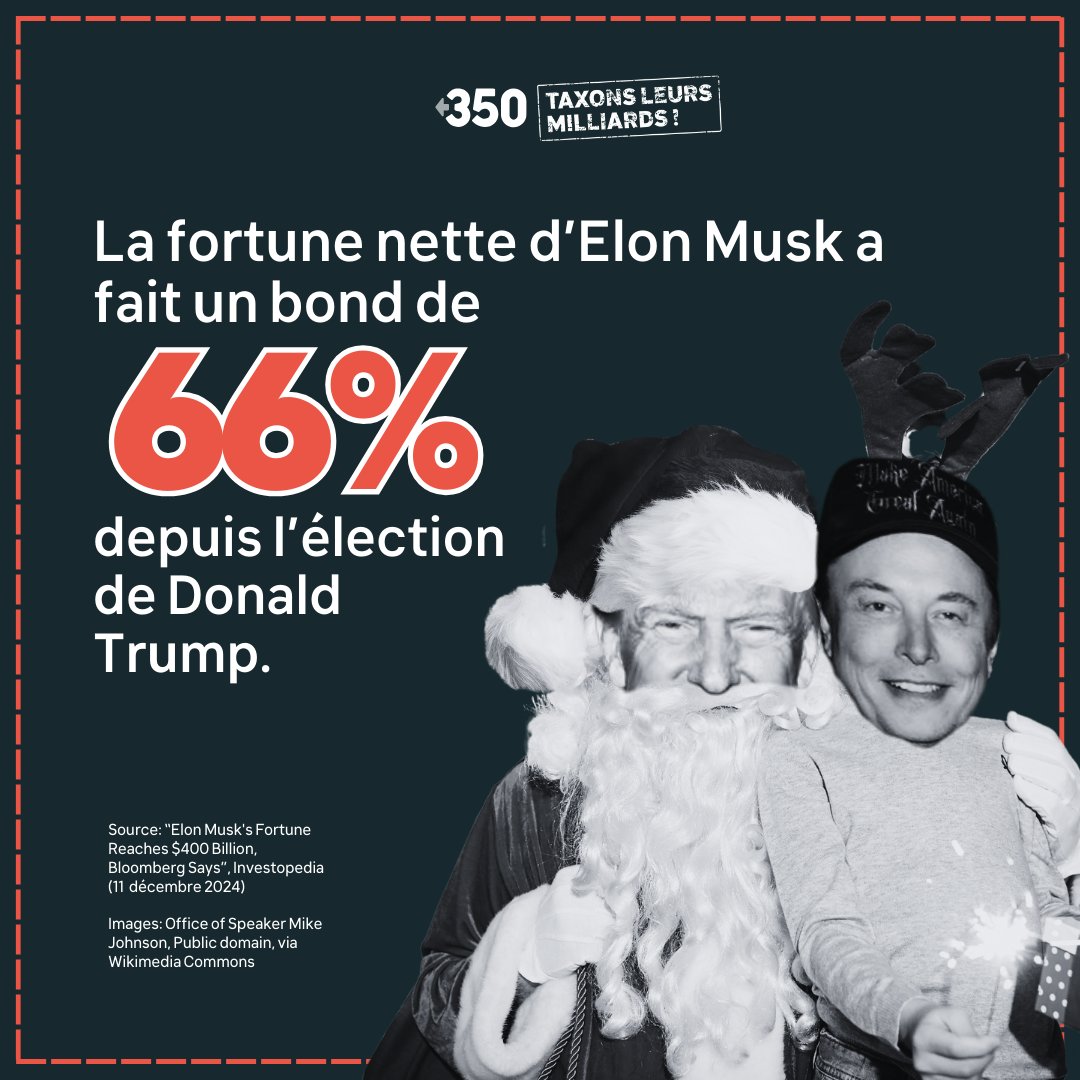 350France's tweet photo. 🫠 Jour 16 - Calendrier de l'Avent #TaxonsLeursMilliards 🫠

La valeur nette (sa fortune, en gros) d’Elon Musk a bondi de 6⃣6⃣ % depuis l’élection de Donald Trump.

Ensemble, exigeons des impôts sur la fortune des ultra-riches 👉https://t.co/loeEmmdjR2 https://t.co/uKuhBrLXzm