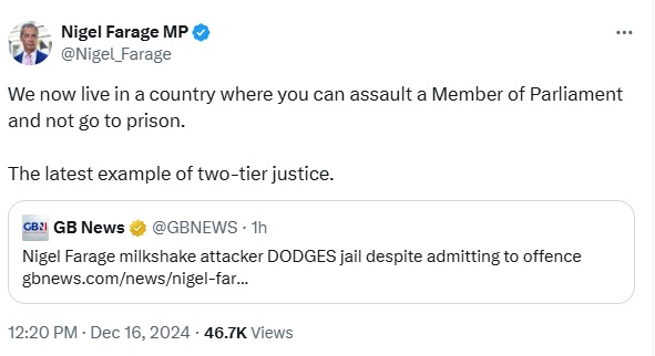 25-year-old Victoria Thomas-Bowen has been given a suspended prison sentence today for assault by beating, for throwing a milkshake over Nigel Farage in Clacton.

Farage has claimed her being spared jail is "two-tier justice". It's not, as I'd like to highlight in a small 🧵