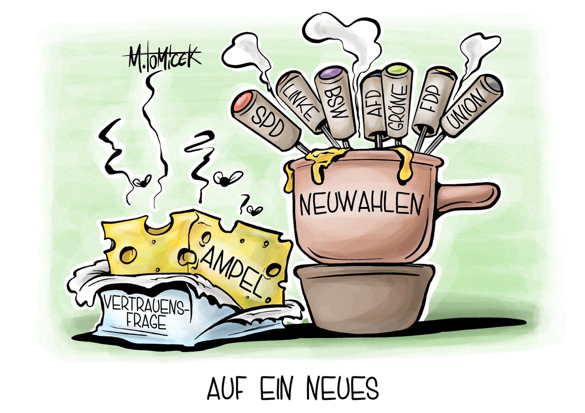 #Scholz stellt die #Vertrauensfrage im #Bundestag und legt die Weichen zu den #Neuwahlen.

#Neuwahl #Wahlen #OlafScholz #Ampel #AmpelAus #SPD #Linke #BSW #Afd #Grüne #FDP #Union #Weihnachten #Karikatur