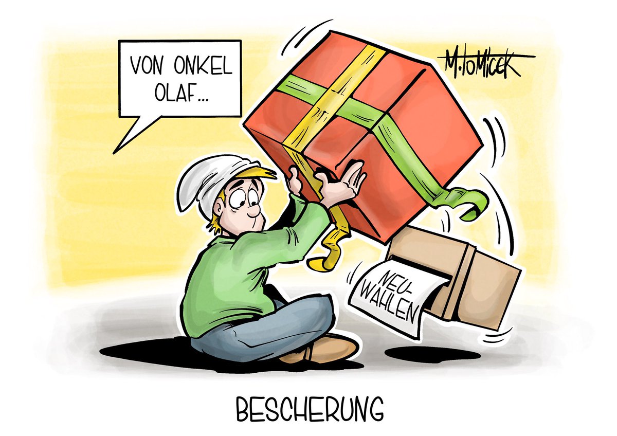 #Scholz stellt die #Vertrauensfrage im #Bundestag und legt die Weichen zu den #Neuwahlen.

#Neuwahl #Wahlen #OlafScholz #Ampel #AmpelAus #SPD #Linke #BSW #Afd #Grüne #FDP #Union #Weihnachten #Karikatur