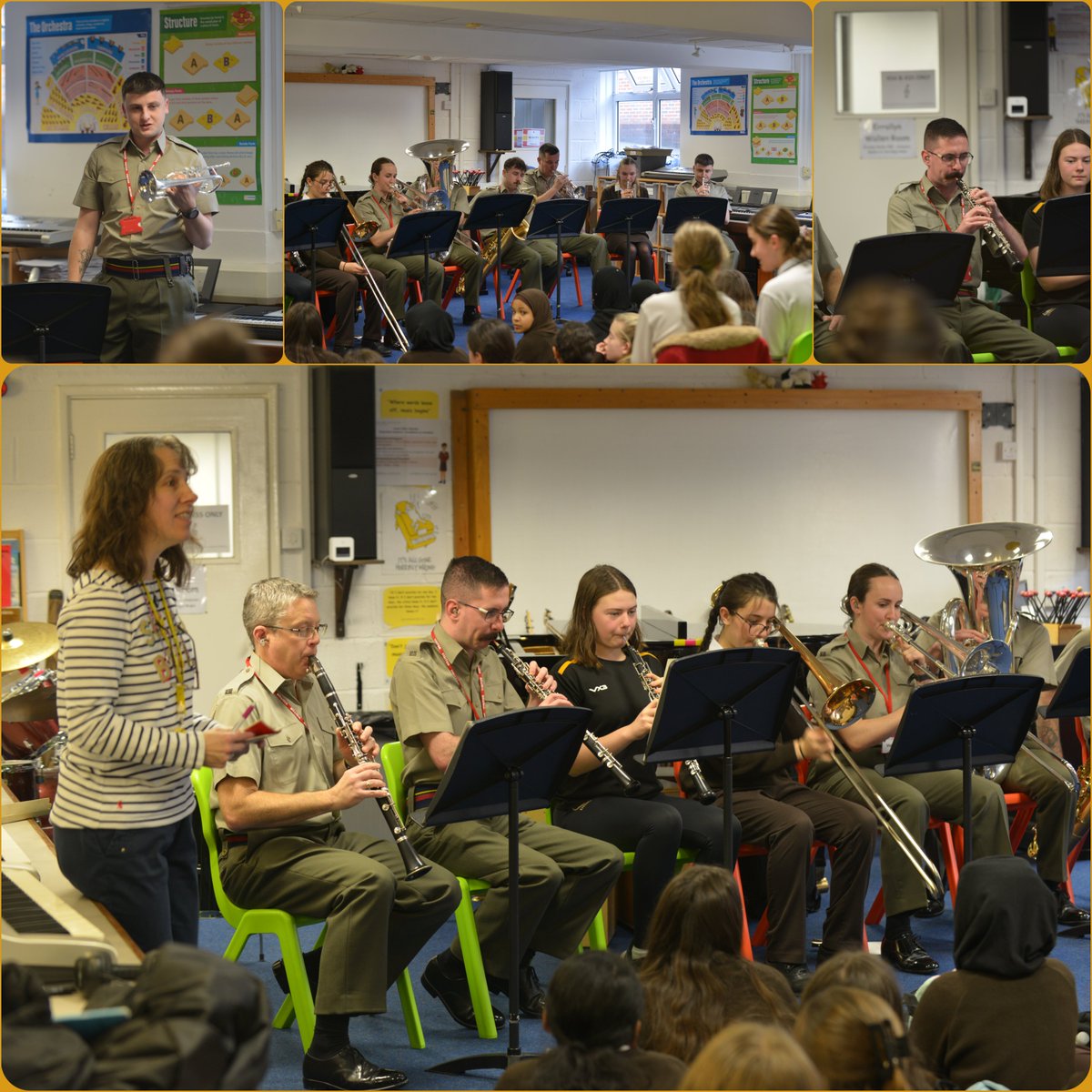 DHSGnews's tweet photo. GCSE Music &amp; Year 7 students enjoyed a festive workshop with the Band of His Majesty's Royal Marines, featuring demos, carol sing-alongs &amp; a Q&amp;A. Three DHSG students joined in on oboe, cornet &amp; trombone. Huge thanks to the band &amp; Mrs Mackey for organising this special event! https://t.co/08YbdehSLv