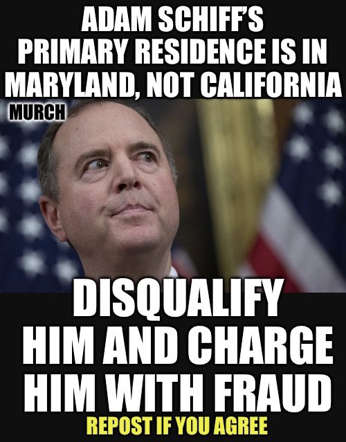 JDunlap1974's tweet photo. Adam Schiff claimed both his homes in California &amp; Maryland as his “principal residence” in mortgage &amp; election filings over the past 2 decades. This is fraud. https://t.co/oINbN08J5z