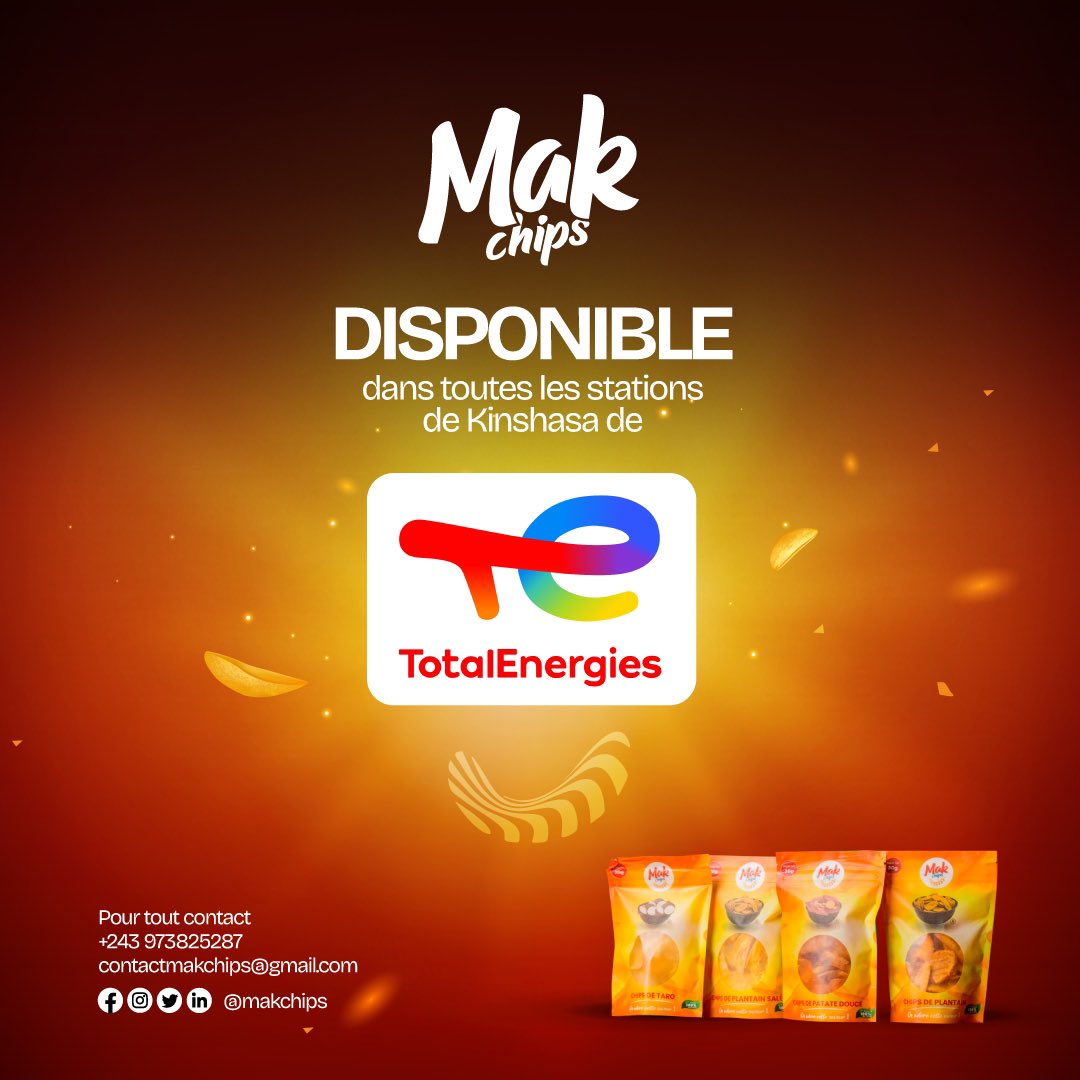 Makchips01's tweet photo. Encore plus de saveurs et de plaisir à partager !
Désormais, retrouvez nos délicieuses chips dans toutes les stations Total de Kinshasa.
Ensemble, savourons les meilleures chips Made
in Mboka🇨🇩
#MAKCHIPS #Entrepreneuriat #madeindrc @leParrainRDC @kakese_leon https://t.co/sxS7mkvUl2