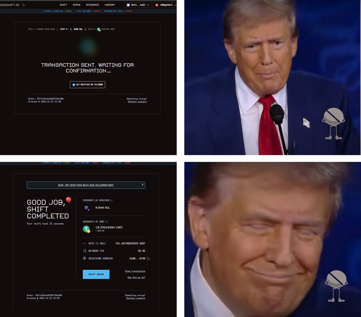 A Sideshift Short Story.

Most interesting part of the story is, we sent Solana to a USDT BEP20 address and received it in less than a minute.

#Memes #Web3