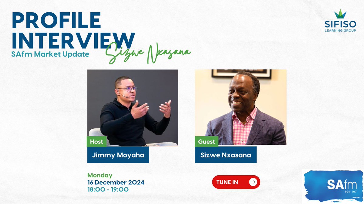 Don't miss our CEO and Founder, Sizwe Nxasana on Monday, 16 December from 18:00-19:00 for a conversation on his inspiring business journey with Jimmy Moyaha on SAfm FM Market Update.🚀

Catch it on DSTV channel 814 or 104–107FM (105.1FM if you’re in JHB)

#SizweNxasana