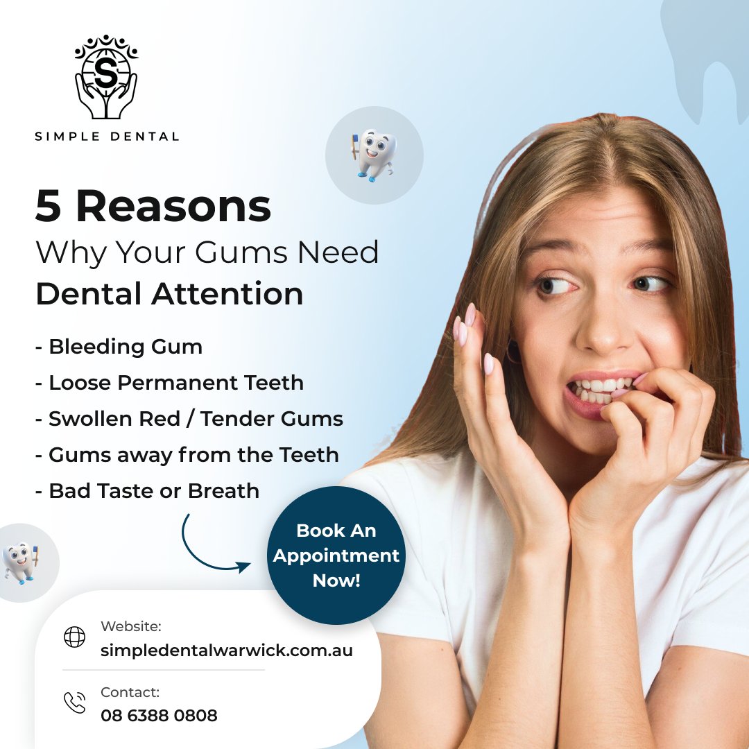 simpledentalwa's tweet photo. Is your smile hiding a secret?🦷 5 signs your #gums need attention:

👉 Bleeding Gums
👉 Loose Permanent Teeth
👉 Swollen, red, or tender gums
👉 Gums away from the Teeth
👉 Bad Taste or Breath

Don’t wait! Your #oralhealth matters. Book an appointment!
👉 https://t.co/3l0BLe3LVl https://t.co/q6YOWfclXq
