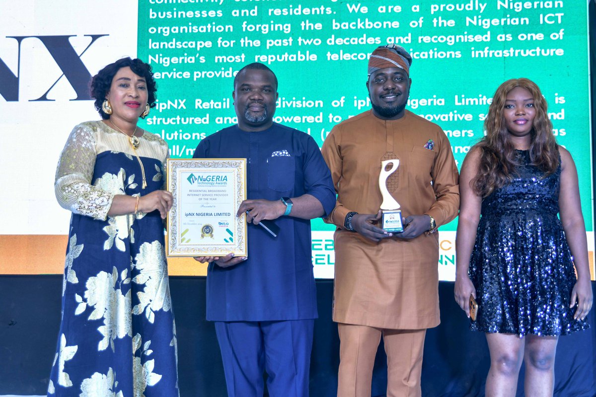 ipNXTweet's tweet photo. We’re thrilled to announce that we won the awards for “Most Reliable Fibre Internet Service Provider of the Year” and “Residential Broadband Service Provider of the Year” at the 2024 Nigeria Technology Awards.

This marks our 3rd consecutive year of recognition, and it’s all thanks to our amazing customers and the relentless innovation driving us forward.

With cutting-edge services like the FOS Xtreme Series delivering speeds up to 1GB/s, ipNX is committed to making tomorrow possible with fast, reliable, and top-quality internet for homes and businesses.
Thank you for your continued support – we’re just getting started! 

#ipNX #NiTA2024 #TechExcellence #FibreInternet #TechAwards