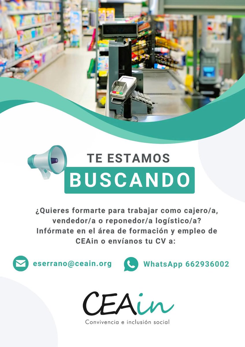 ¿Quieres formarte para trabajar como cajero/a, vendedor/a o reponedor/a logístico/a? Si la respuesta es sí, en nuestro área de formación y empleo tenemos información que te interesa 👇🏾