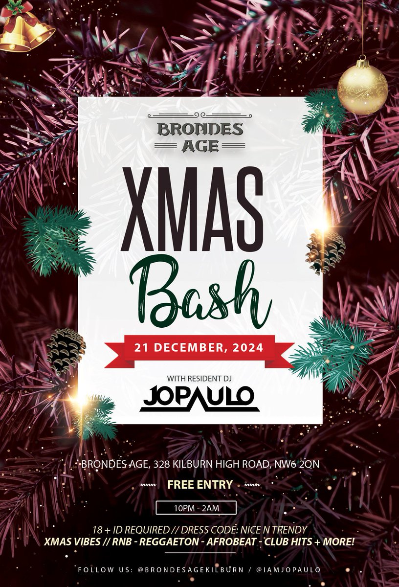 iamjopaulo's tweet photo. 🎄 This Saturday 🎄 21/12/2024 🎉

Brondes Age, Kilburn 
10PM - 2AM
Xmas Vibes - Party Bangers
Free Entry!
https://t.co/UT1wDkdAz3

Let's vibe 🙌🏻💥🎶💃🏼🕺🏼 https://t.co/BovgiFcXiO