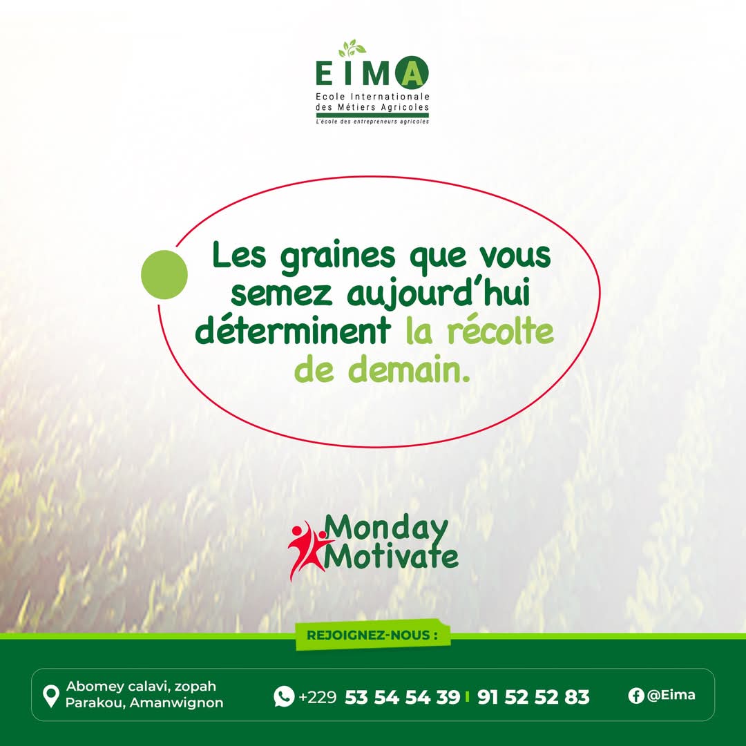 EimaEcole's tweet photo. 𝐒𝐞𝐦𝐞𝐳 𝐚𝐮𝐣𝐨𝐮𝐫𝐝’𝐡𝐮𝐢, 𝐫𝐞́𝐜𝐨𝐥𝐭𝐞𝐳 𝐝𝐞𝐦𝐚𝐢𝐧 !

Rejoignez l’École Internationale des Métiers Agricoles (𝐄𝐈𝐌𝐀) pour préparer votre avenir dans l’agriculture.

Contactez-nous : +229 53 54 54 39 | 91 52 52 83

#mondaymotivation#eimabenin https://t.co/9pede8whcz