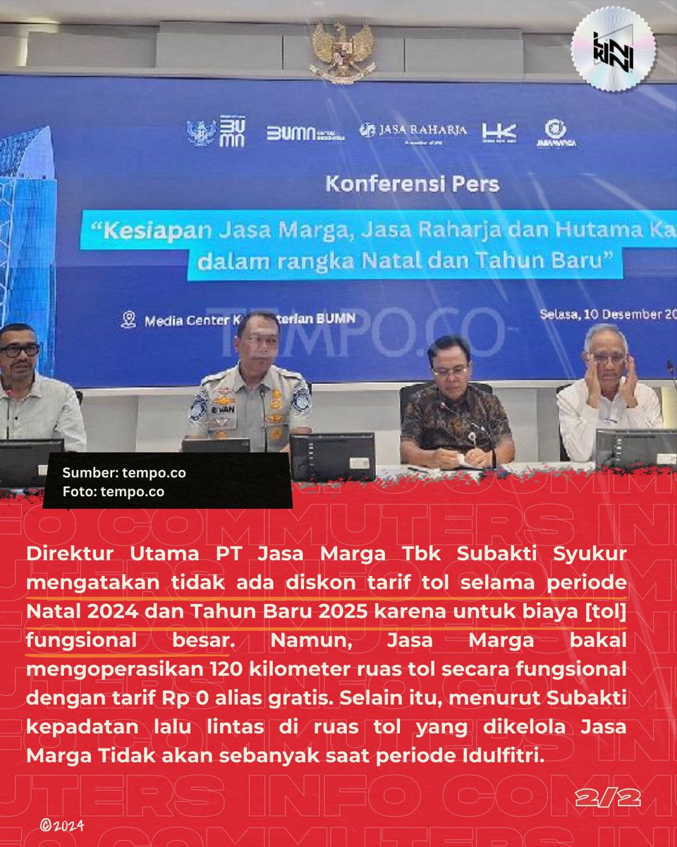 Nataru kali ini tidak ada diskon tol ya, Commuters

Pihak Jasa Marga juga mempediksi volume lalu lintas keluar Jakarta dari 4 gerbang tol utama, Cikampek Utama, Kalihurip Utama, Ciawi, dan Cikupa sebanyak 3,06 juta kendaraan. 

Source: <a href="/tempodotco/">tempo.co</a>