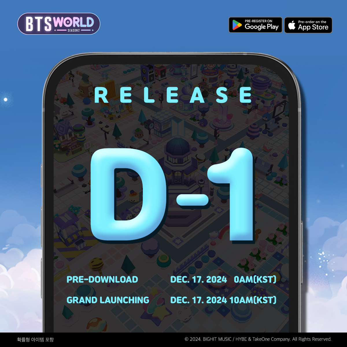 BTSWS2_official's tweet photo. [📣] BTS WORLD Season 2 Pre-Download  

Pre-download for BTS WORLD Season 2 will be available from 2024/12/17 00:00 midnight (KST).  
Pre-downloading will allow you to access the game faster upon its release. 
📌Note: The download button may be enabled in the Apple App Store before the pre-download / official release date. 
However, please note that even if you can download the game, you won't be able to play it until the official launch.  

2024년 12월 17일 자정 00:00 (KST)부터 시작되는 사전 다운로드를 통해, BTS WORLD Season 2를 미리 설치하여 게임 플레이를 준비해 보세요. 
사전 다운로드를 진행하면 게임 출시 시, 보다 빠르게 접속할 수 있습니다. 
📌참고 사항: 사전 다운로드 / 정식 출시일 전에 앱스토어에서 다운로드 버튼이 활성화될 수 있습니다. 
단, 다운로드가 가능해도 게임 플레이는 공식 출시 전까지 진행할 수 없는 점 참고 부탁드립니다. 

✨Grand Launching D-1 
📅Dec. 17. 2024 10AM(KST)  

☑️ Pre-register now 
https://t.co/22SDb6iDeJ  

#BTSWORLD_Season2 
#BTS #방탄소년단 
 #BTSWORLD_S2_Pre_register