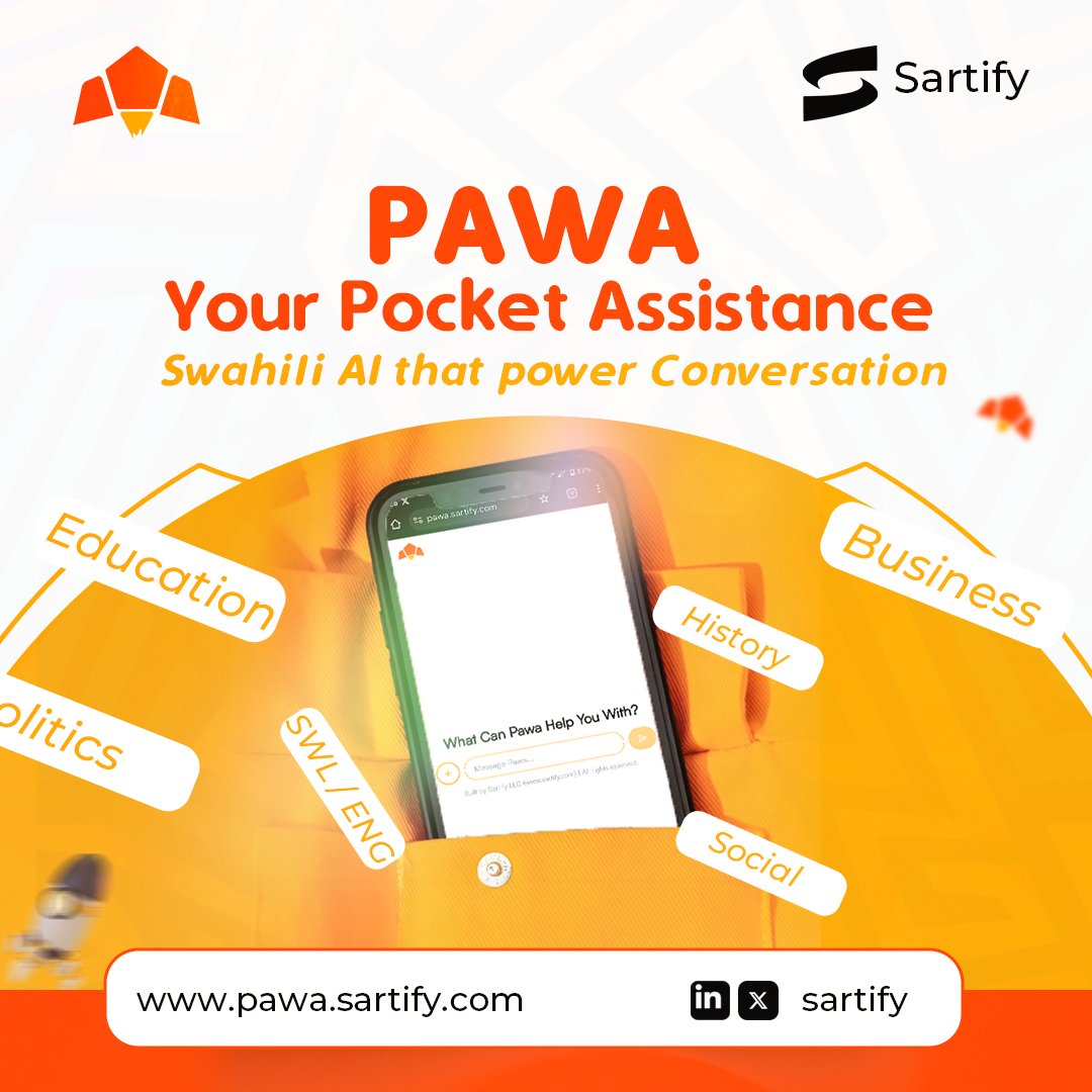 "Meet PAWA – your #Swahili AI pocket assistant ready to power up conversations! 🌍 From Education to Business, Politics to Social life, PAWA has got you covered.

Access it now: pawa.sartify.com and experience the future of Swahili AI. 🚀
#PAWA #sartify