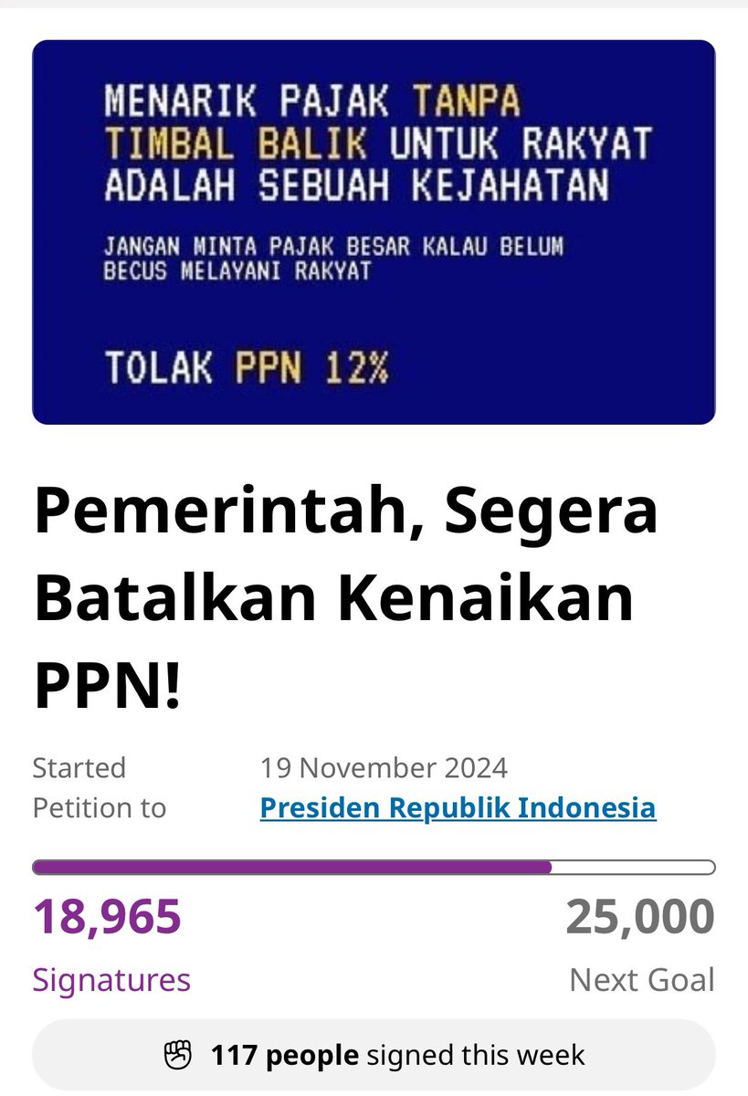 barengwarga's tweet photo. Petisi copot miftah 318,000 partisipasi
Petisi tolak PPN12% 18,900 partisipasi

Kita coba lagi yuk? Kerusakan dari kenaikan PPN ke 12% damange lebih besar dari miftah utusan khusus presiden.

Tanda tangan disini: https://t.co/9kSOyuR50q 

#PajakMencekik https://t.co/N33jsX9hL1