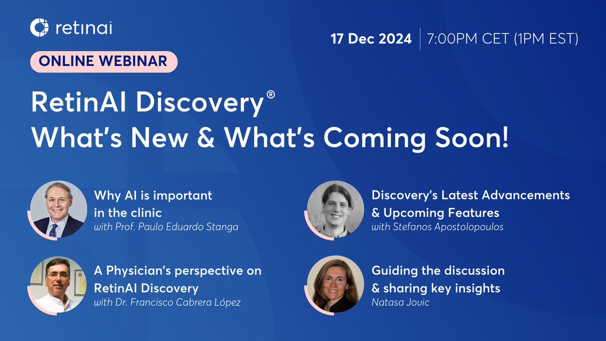 Join us tomorrow for our last webinar of the year and discover what’s new and what’s coming soon to RetinAI Discovery®!

📅 Dec 17 | 7PM CET (1PM EST) 
Register now 👉 retinai.com/events/retinai… 

Don’t miss out! #AI #RetinalDisease #Webinar