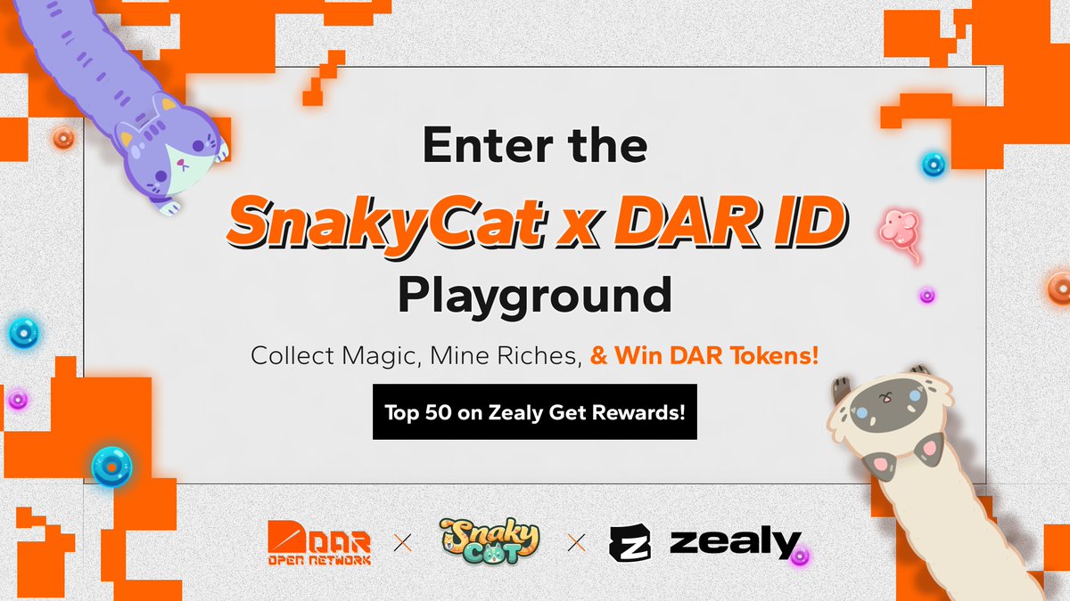 DarOpenNetwork's tweet photo. 🐍✨ Dive into the SnakyCat @TowerToken x DAR ID playground! Cast spells, mine riches, and earn $DAR Tokens!  
🎮 Top 50 on Zealy get rewards!

💪 Ready to play?  Jump in now 👉 https://t.co/jsK27nR9hY 
🎙 Tune in for our AMA this Wednesday!