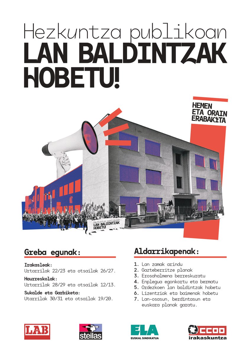 labirakaskuntza's tweet photo. 💥GREBARA GOAZ! 

Hezkuntza Publikoa EAE: greba ziklo bat abiaraziko dugu urtarriletik aurrera irakasleetan, Haurreskolak Partzuergoan eta HS-eko sukalde eta garbiketan.

✊🏻 Hezkuntza publikoa indartu! 
✊🏻 Langileok borrokara!

🔗 Informazio guztia: https://t.co/FqmY8dh2rZ https://t.co/HHhtmQzNil