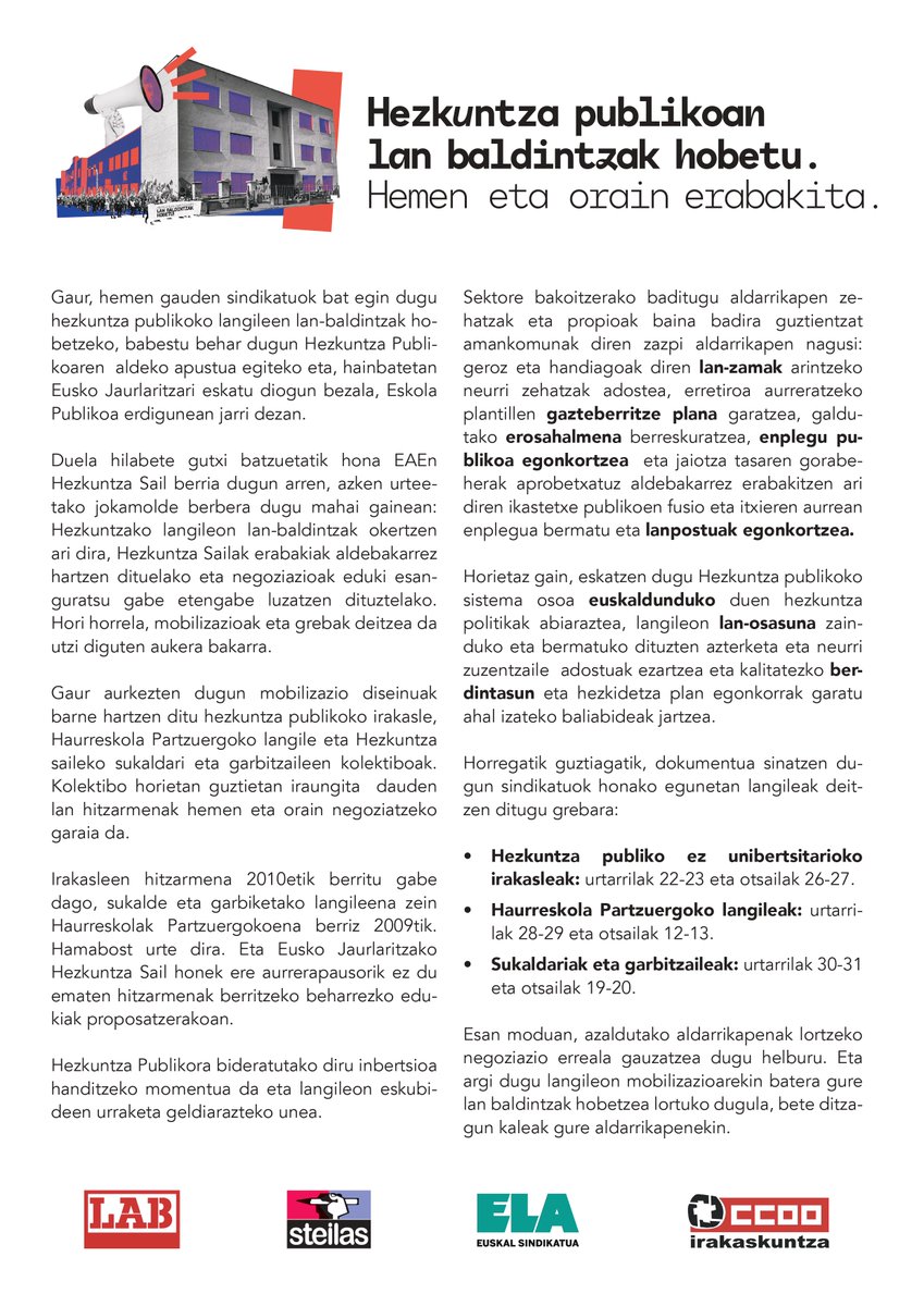 labirakaskuntza's tweet photo. 💥GREBARA GOAZ! 

Hezkuntza Publikoa EAE: greba ziklo bat abiaraziko dugu urtarriletik aurrera irakasleetan, Haurreskolak Partzuergoan eta HS-eko sukalde eta garbiketan.

✊🏻 Hezkuntza publikoa indartu! 
✊🏻 Langileok borrokara!

🔗 Informazio guztia: https://t.co/FqmY8dh2rZ https://t.co/HHhtmQzNil