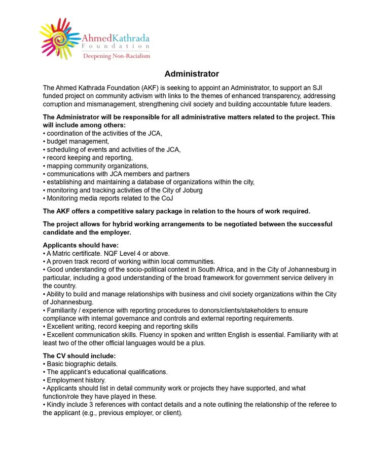 CarolBoitumelo1's tweet photo. An Administrator is needed at Ahmed Kathrada Foundation (AKF) 

Closing Date 09 January 2025
Email your CV to cvsakf@gmail.com

Refer to pictures https://t.co/5stlhODq0R