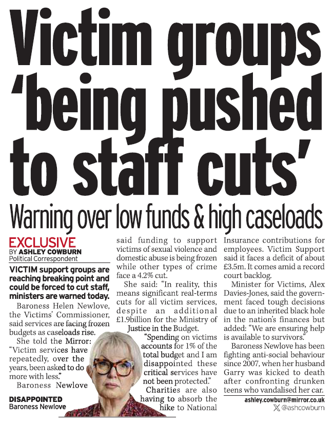 Victim services are the backbone of our justice system, but the latest funding settlement risks pushing them to breaking point.

Organisations warn they’ll be forced to cut staff and frontline support. This will harm victims and undermine justice—at a time we can least afford it.