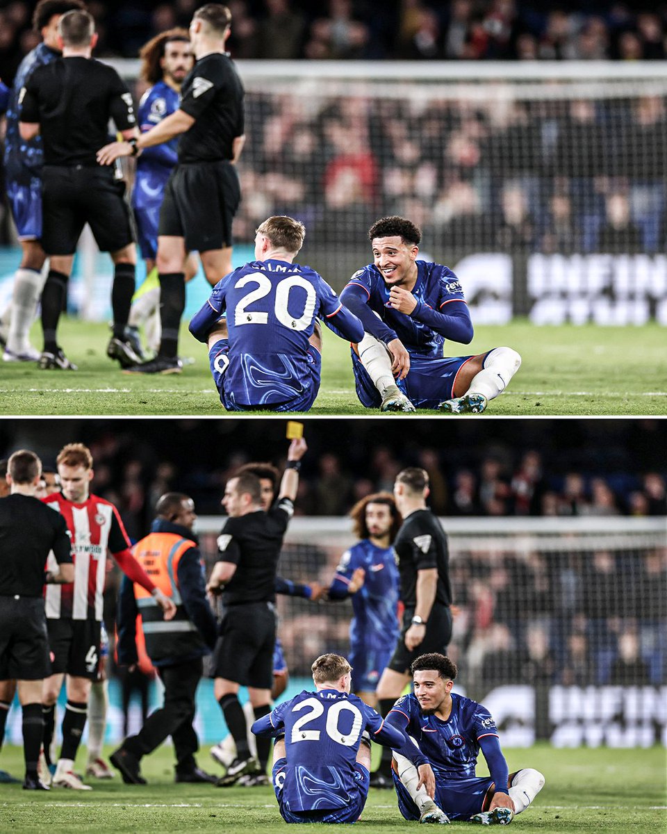 ESPNUK's tweet photo. Jadon Sancho and Cole Palmer were chatting at full-time while Marc Cucurella was being sent off 😅 https://t.co/raF8K7Cqe5