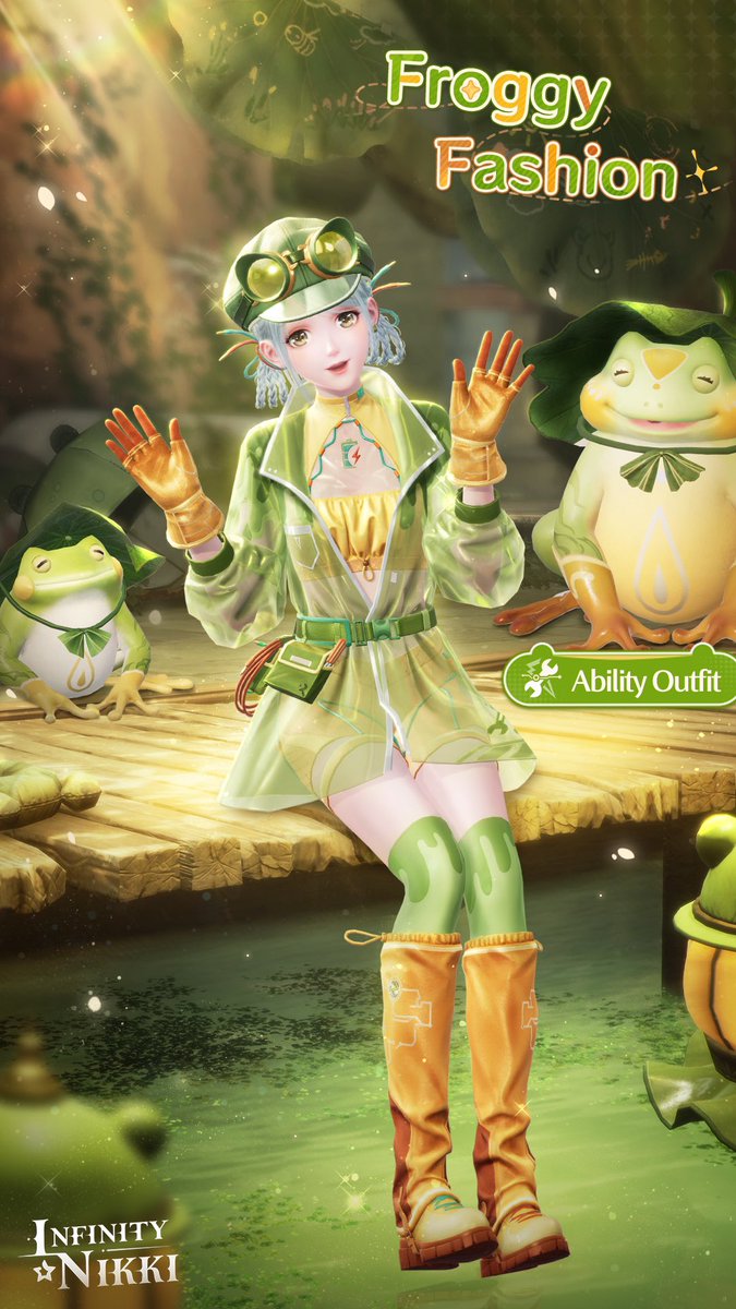 InfinityNikkiEN's tweet photo. ♾️ Whimsical Wardrobe丨Froggy Fashion
丨> Ability Outfit
"The Croakers are the cherished, charming neighbors and friends of Florawish,"Mayor Grace has noted. In celebration of this special bond, the town has launched the "Croaker"Fashion Style Award, and we are thrilled to unveil the most beloved design—the winner of the Best Popularity Award.

>>Ability: Electrician
Grants the ability to identify and fix electrical problems.

※ Equip the Lotus Umbrella or Twilight Lotus pieces to open a lotus umbrella in the game and stay dry in the rain!
※ During the event, use Revelation Crystals or limited-time Revelation Crystals to resonate in Croaker's Whisper. Every 5 Resonances guarantees a piece of the Froggy Fashion outfit. Reach specific Resonance milestones to earn corresponding 5-star outfit pieces from Deep Echoes.

——
The Coziest Open-World Game
Infinity Nikki Available Now!
➤ Download Now: https://t.co/30AcRL0uSm 
➤ Join us on Discord: https://t.co/QvZPw1gJOV

#InfinityNikki