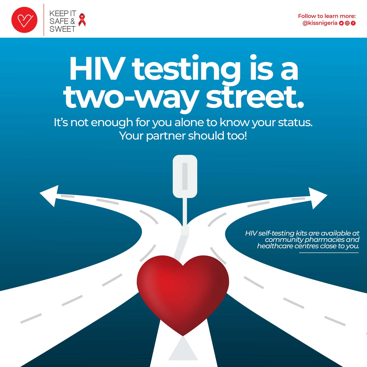 HIV testing is a two-way street.
It's not enough for you alone to know your status, your partner should too!

#keepitsafeandsweet
#hivprevention
#HIV