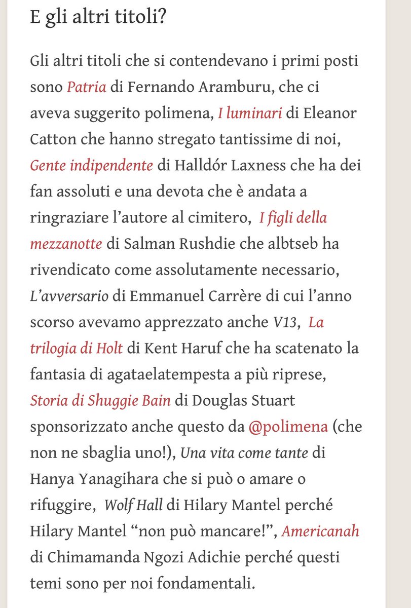 recerusse's tweet photo. Tra i titoli che non ce l’hanno fatta e entrare nella magica cinquina del #CLMF del decennio, titoli come Patria di Aramburu, Una vita come tante, o I Luminari di Eleanor Catton. Un’occhiatina a questa lista io comunque la darei!
#regalaunlibropernatale https://t.co/dodphm8qcz