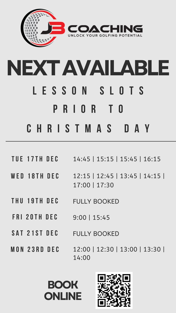 ⛳️ Get Your Swing in Shape Before Christmas! 🎄

A few lesson spots left to perfect your game or grab the ultimate gift for the golfer in your life! 🎁

📅 Book here: joebraycoaching.co.uk/lessonbooking

🎟 Gift vouchers: joebraycoaching.co.uk/giftvouchers

Act fast – limited availability! 🏌️‍♂️