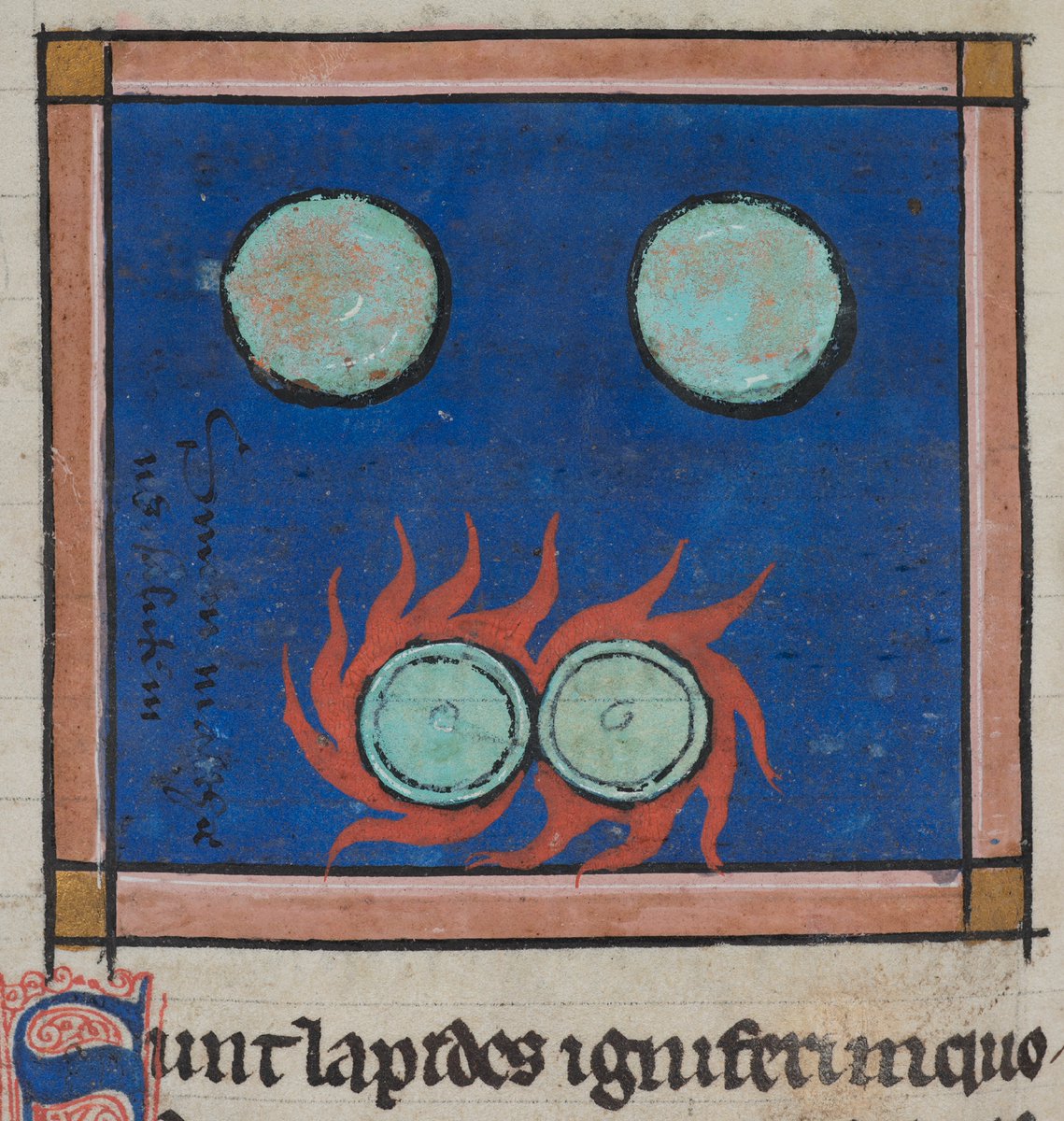 liamglewis's tweet photo. Medieval fire stones, Lapides igniferi, are drawn to each other like magnets, producing sparks.
Source: Sidney Sussex College, MS 100 (De avibus / Bestiary), folio 30v
#medieval #medievaliam #bestiary #medievalbestiary #firestones #firestone #MiddleAges #medievalart https://t.co/JbZoazyJBe