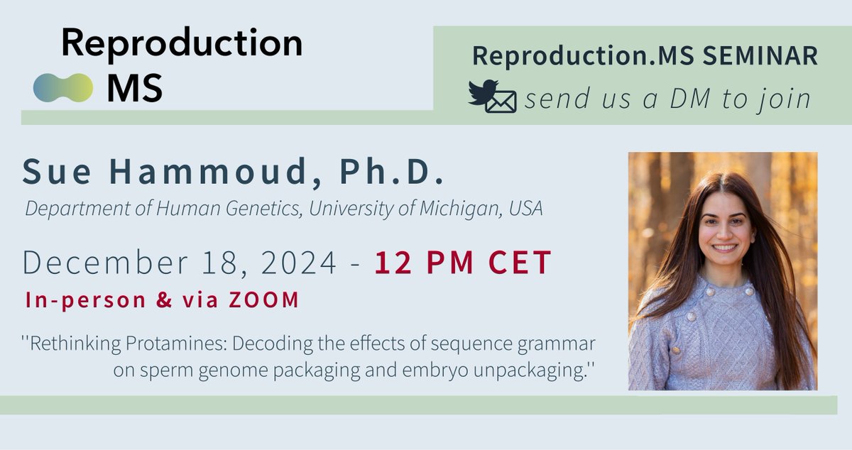 ReproductionMS (@reproductionms) on Twitter photo Excited to announce that <a href="/suehammoud1/">Sue Hammoud Lab</a> will enlighten us with her talk on 'Rethinking Protamines: Decoding the effects of sequence grammar on sperm genome packaging and embryo unpackaging' in our #ReproductionMS seminar on Wednesday, 18 December, 12pm CET. DM for Zoom details. Excited to announce that <a href="/suehammoud1/">Sue Hammoud Lab</a> will enlighten us with her talk on 'Rethinking Protamines: Decoding the effects of sequence grammar on sperm genome packaging and embryo unpackaging' in our #ReproductionMS seminar on Wednesday, 18 December, 12pm CET. DM for Zoom details.