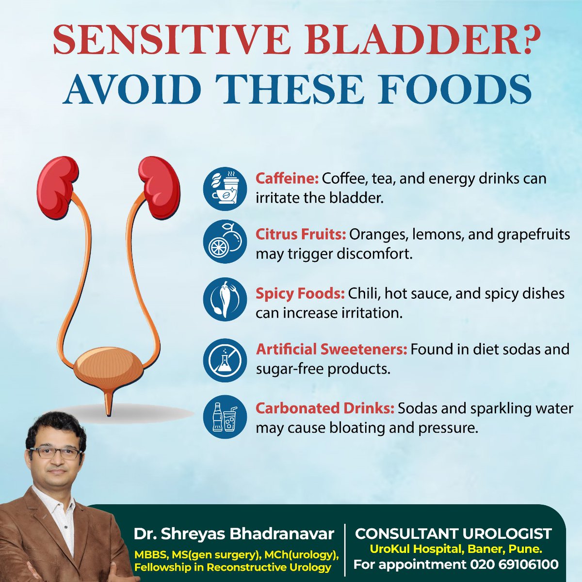 shreyasbhad's tweet photo. Living with a sensitive bladder? Avoid triggers like caffeine, citrus, spicy foods, and carbonated drinks. Track your diet to find what works best for you and stay hydrated!
#BladderHealth #SensitiveBladder #DrShreyasBhadranavar #TheUrologyEdge https://t.co/qvhmzHiSVI