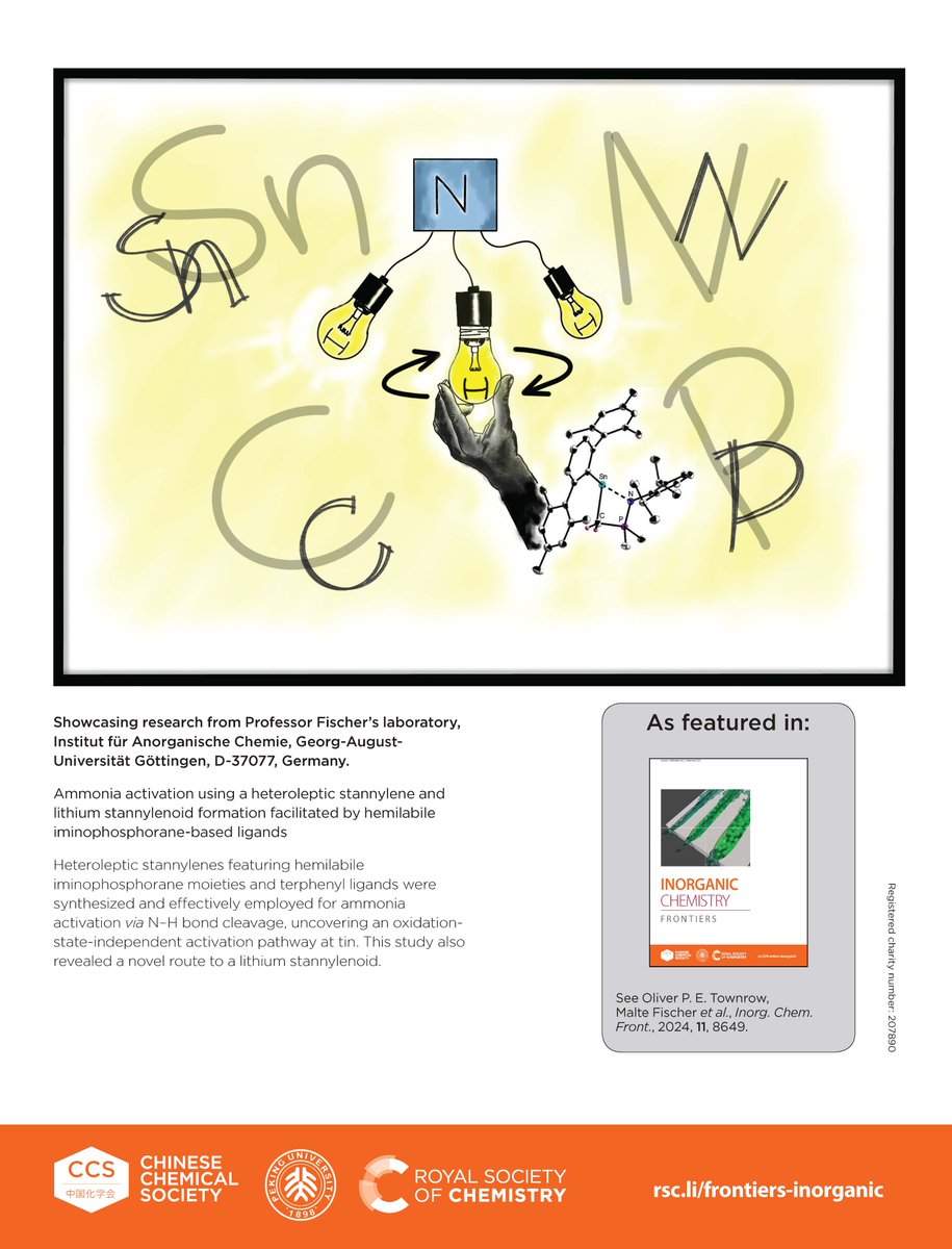 InorgChemFront's tweet photo. Back cover of Issue 24 showcases research from Oliver P. E. Townrow, Malte Fischer et al.

"Ammonia activation using a heteroleptic stannylene and lithium stannylenoid formation facilitated by hemilabile iminophosphorane-based ligands"

#Free_to_read
🔗 https://t.co/A9Kzuch226 https://t.co/y181qwGnlY