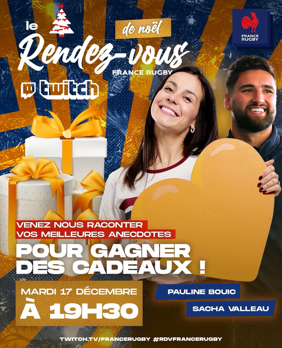😍✨ 𝐔𝐍𝐄 𝐁𝐄𝐋𝐋𝐄 𝐒𝐔𝐑𝐏𝐑𝐈𝐒𝐄 𝐏𝐎𝐔𝐑 𝐂𝐎𝐌𝐌𝐄𝐍𝐂𝐄𝐑 𝐋𝐀 𝐒𝐄𝐌𝐀𝐈𝐍𝐄 ! Mardi soir, on passe la soirée ensemble sur Twitch pour fêter Nöel (🎅 un peu en avance) pour 𝒖𝒏𝒆 𝒆́𝒅𝒊𝒕𝒊𝒐𝒏 𝒔𝒑𝒆́𝒄𝒊𝒂𝒍𝒆 du #RDVFranceRugby avec Pauline et <a href="/SachaValleau/">Sacha Valleau-OLY</a> !

🎙️
