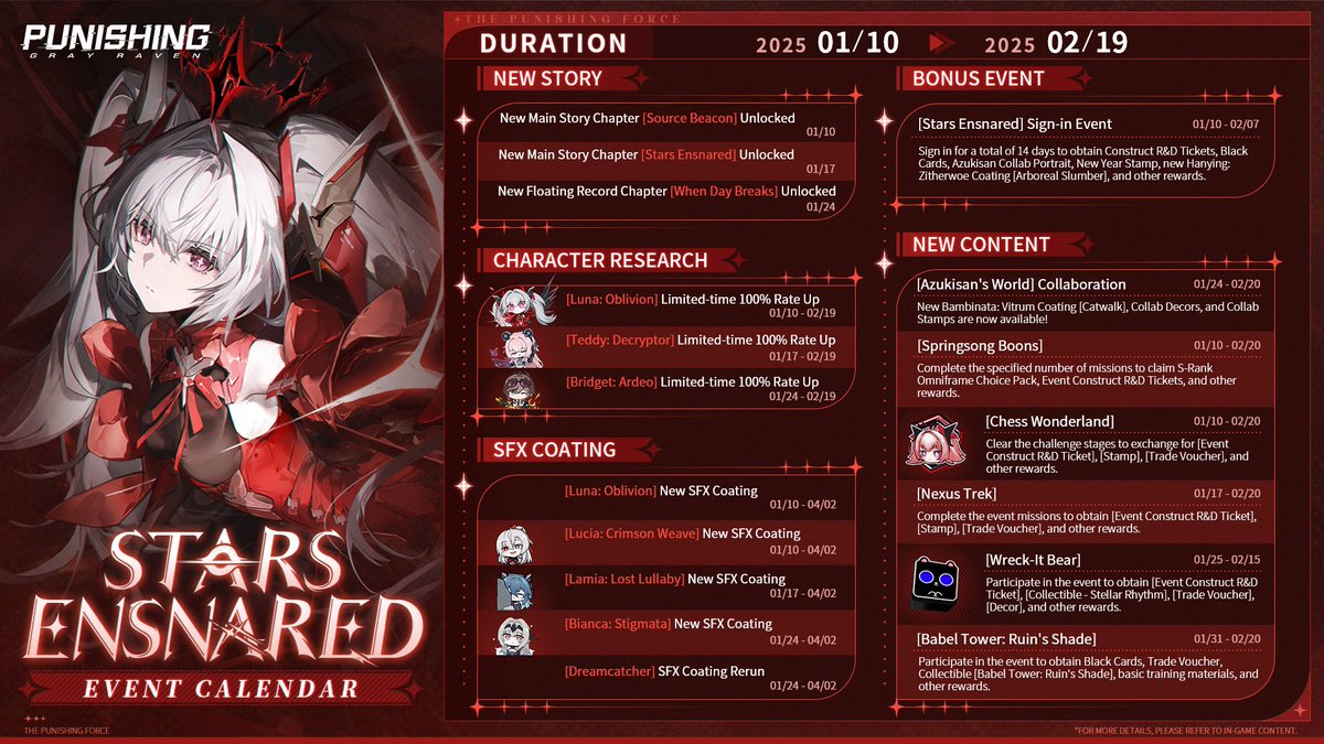 PGR_GLOBAL's tweet photo. Dear Commandants,

We have prepared the event calendar for the upcoming integrated version, Stars Ensnared. You can check out the image below for detailed information about future characters, coatings, and events. More wonderful content will debut in the new version, please stay tuned!
#punishinggrayraven #PGR