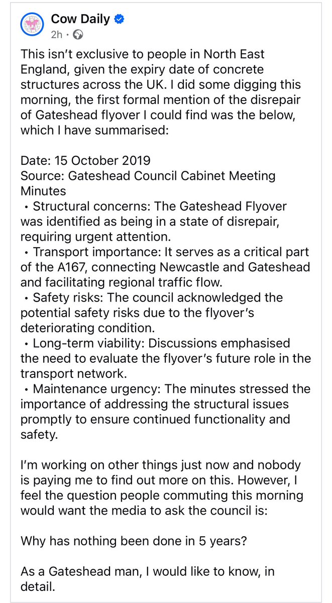 It is awful to think of what could have happened here had the flyover collapsed.

It exposes the impact of short term thinking and austerity economics on both transport policy and safety.

Lots of questions to be asked. 

#Gateshead #Newcastle