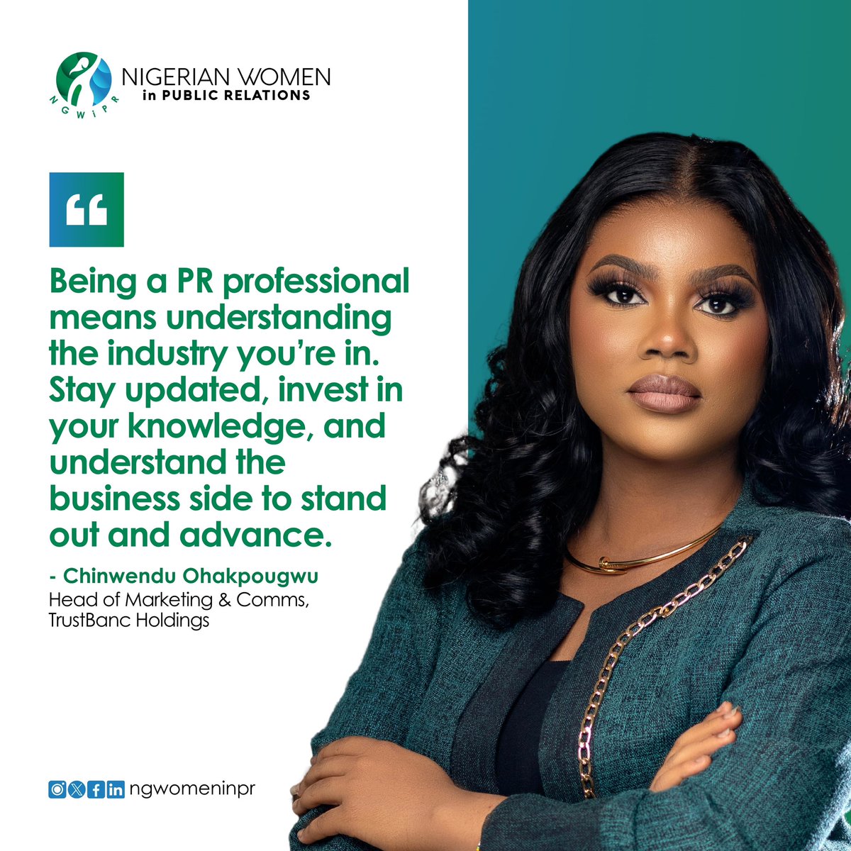 NGWomeninPR's tweet photo. This week, Chiwendu Ohakpougwu reminds us that thriving in PR isn’t just about mastering the craft—it’s about mastering the industry. Stay informed, stay involved, and watch your career soar. Let’s make this week count.

#NigerianWomeninPR #PRProfessional #PRTip https://t.co/Vgw8O7bvrI
