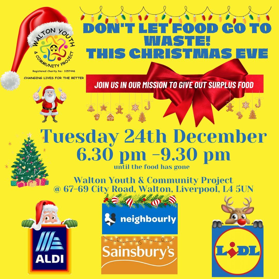 WaltonYP's tweet image. Don’t let food go to waste this Christmas Eve. We're teaming up with @neighbourly, @sainsbury’s, @lidl, and @aldi to save surplus food, including fruit, veg, chilled, and frozen items. Join us from 6.30pm to 9.30pm or until supplies last.