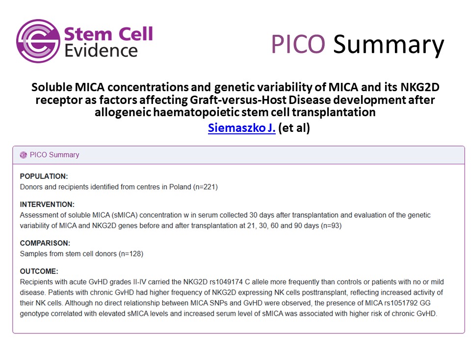 From the #StemCellEvidence Alert:

Soluble MICA concentrations and genetic variability of MICA and its NKG2D receptor as factors affecting Graft-versus-Host Disease development after allogeneic haematopoietic stem cell transplantation
by Siemaszko et al.
stemcellevidence.com/alerts/article…