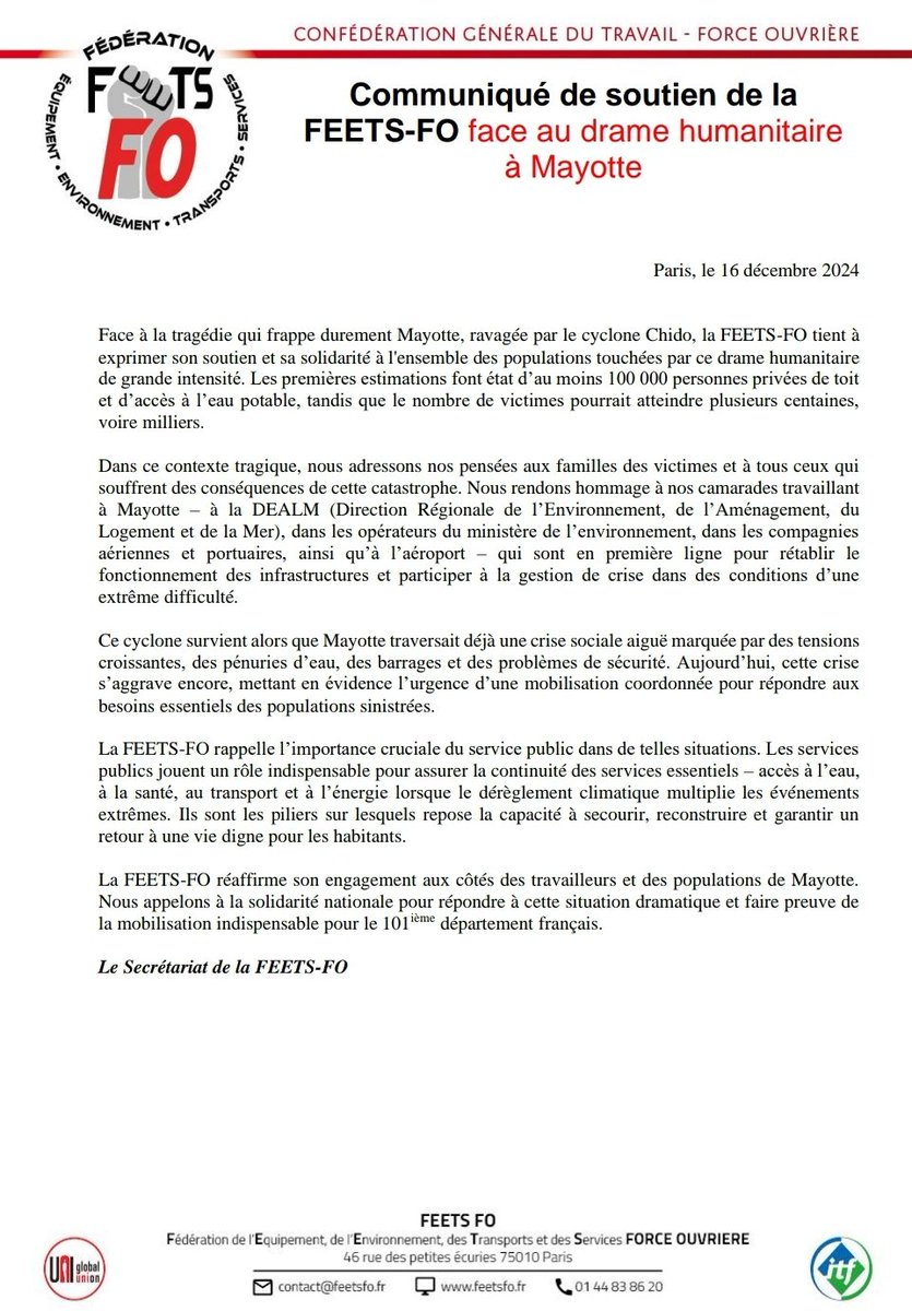 Soutien de la Feets FO face au drame humanitaire à Mayotte