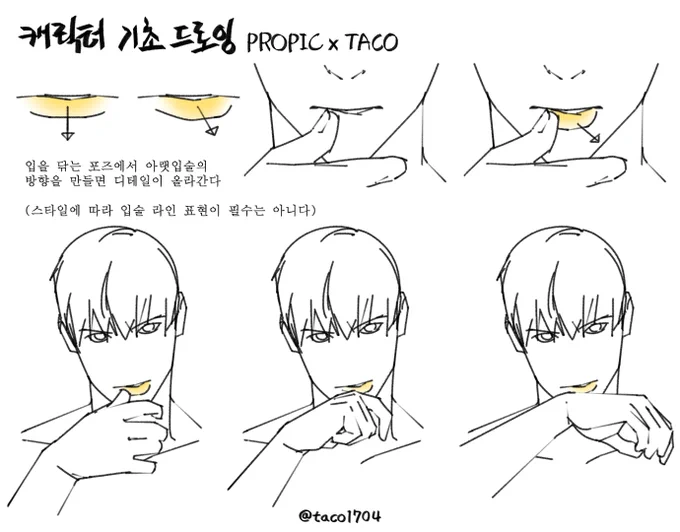 입을 닦는 포즈에서 아랫입술의 방향을 만들면 디테일이 올라간다 
口を拭くポーズから下唇の方向を作るとディテールが上がる 