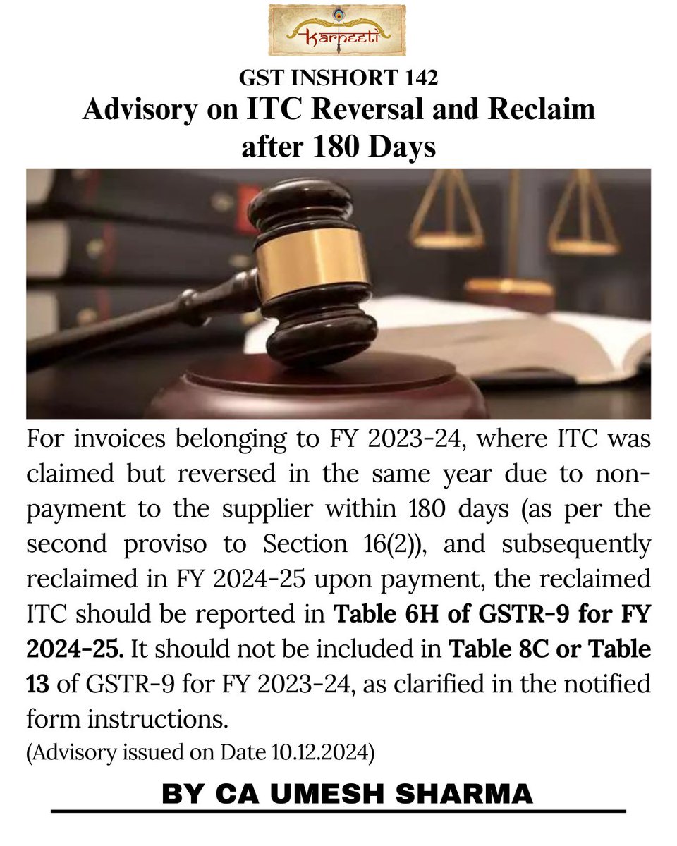 FCAUmeshSharma's tweet photo. GST Inshort No.142
#GST #ITCReversal #GSTR9 #GSTUpdates #ITCCompliance #GSTAdvisory #TaxUpdates #CAsimplified #Karneeti #GSTInshorts #CharteredAccountant #CAUmeshSharma #IndirectTax #GSTNews #TaxCompliance https://t.co/23MoYXys0o